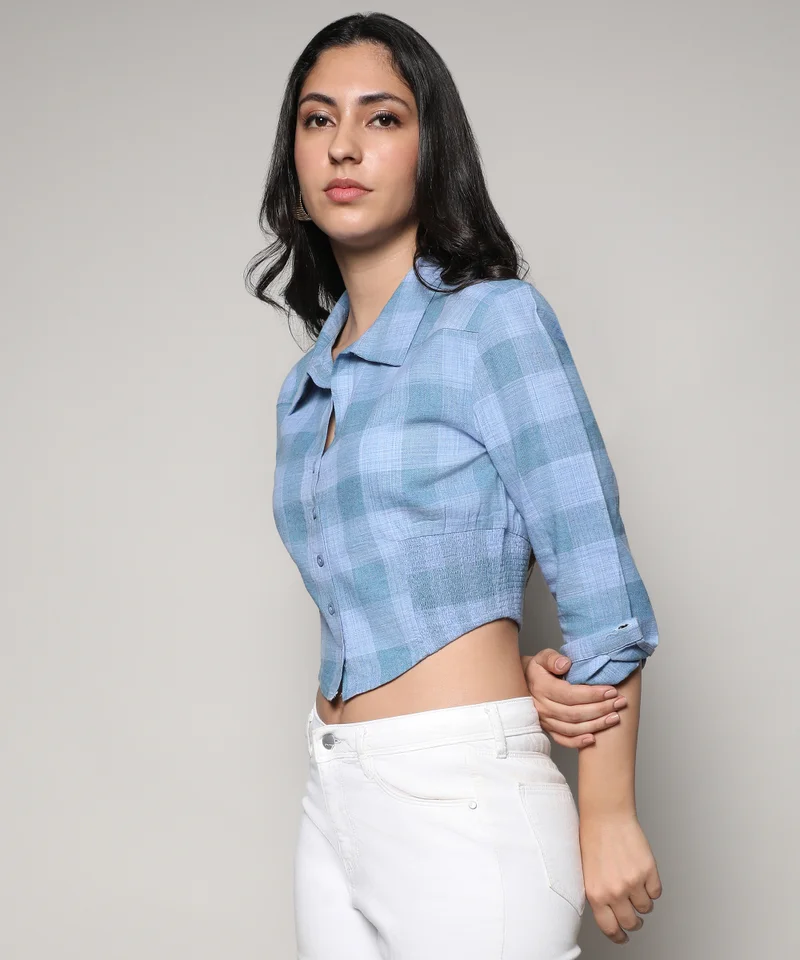 Campus Sutra Women's Blue Buffallo Check Cinched Cropped Shirt