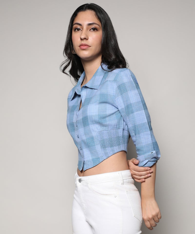 Campus Sutra Women's Blue Buffallo Check Cinched Cropped Shirt  - Image 3