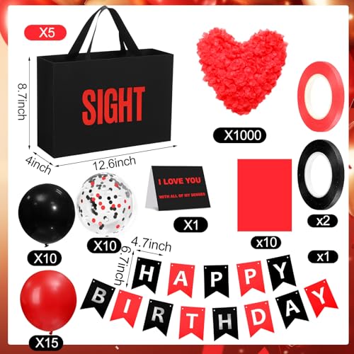 Soulchen 5 Senses Gift Bags for Him Her with Labels Five Senses Gift Birthday Party Decoration Tissue Paper Handles Comes with Rose Petals Banner Balloons for PartyBirthdayRed Black - Image 3