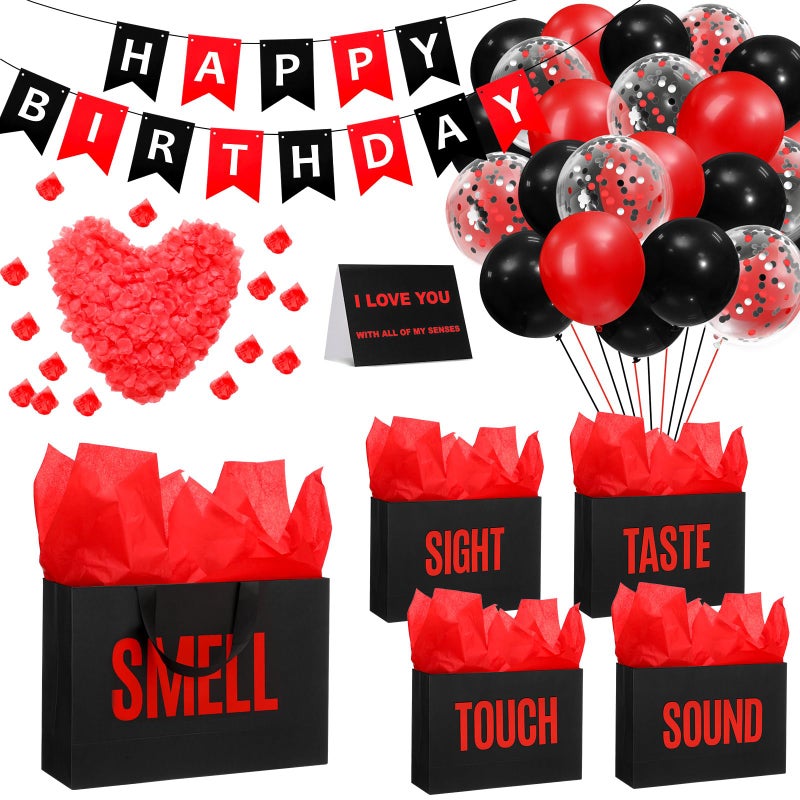 Soulchen 5 Senses Gift Bags for Him Her with Labels Five Senses Gift Birthday Party Decoration Tissue Paper Handles Comes with Rose Petals Banner Balloons for PartyBirthdayRed Black - Image 2