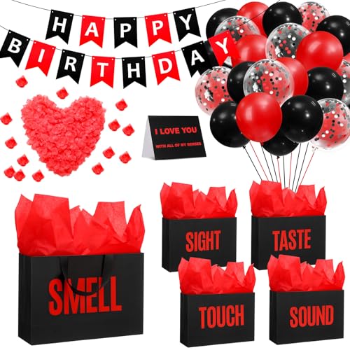 Soulchen 5 Senses Gift Bags for Him Her with Labels Five Senses Gift Birthday Party Decoration Tissue Paper Handles Comes with Rose Petals Banner Balloons for PartyBirthdayRed Black - Image 1