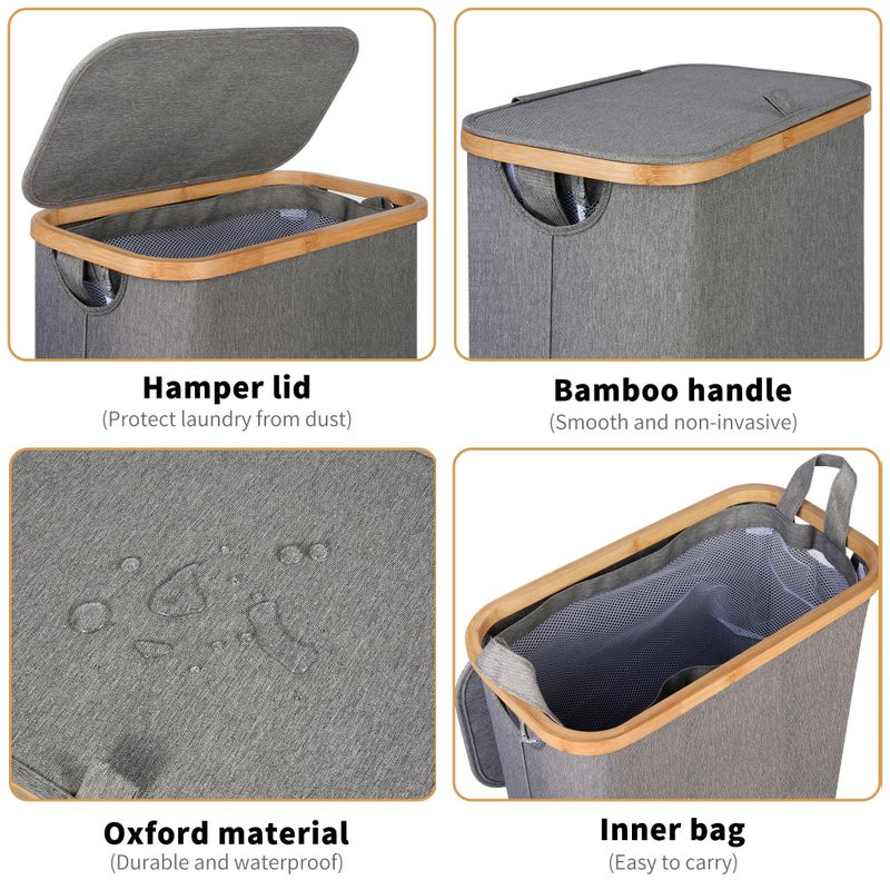 iEGrow 65L Slim Laundry Hamper, Narrow Laundry Basket with Lid,Foldable Clothes Hamper with Bamboo Handles,Hamper Basket with Removable Inner Bag for Laundry Room Bedroom College Dorm,17.17 Gals Grey - Image 3