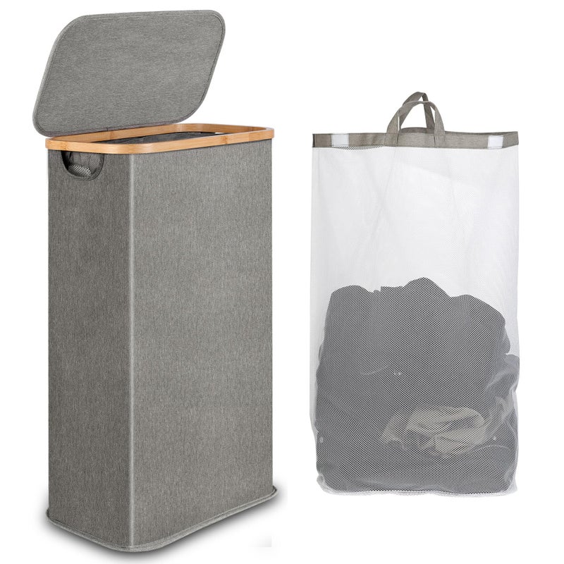 iEGrow 65L Slim Laundry Hamper, Narrow Laundry Basket with Lid,Foldable Clothes Hamper with Bamboo Handles,Hamper Basket with Removable Inner Bag for Laundry Room Bedroom College Dorm,17.17 Gals Grey - Image 1