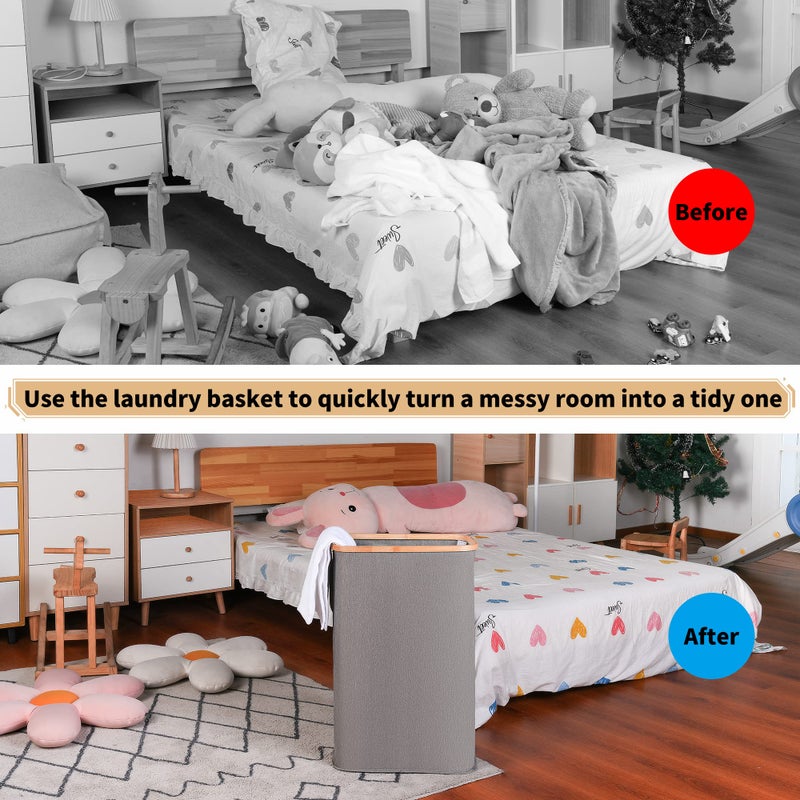 iEGrow 65L Slim Laundry Hamper, Narrow Laundry Basket with Lid,Foldable Clothes Hamper with Bamboo Handles,Hamper Basket with Removable Inner Bag for Laundry Room Bedroom College Dorm,17.17 Gals Grey - Image 5