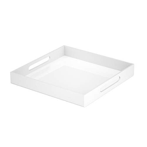 NIUBEE Acrylic Serving Tray 12x12 Inches Spill Proof White Decorative Tray Organiser for Ottoman Coffee Table Countertop with Handles