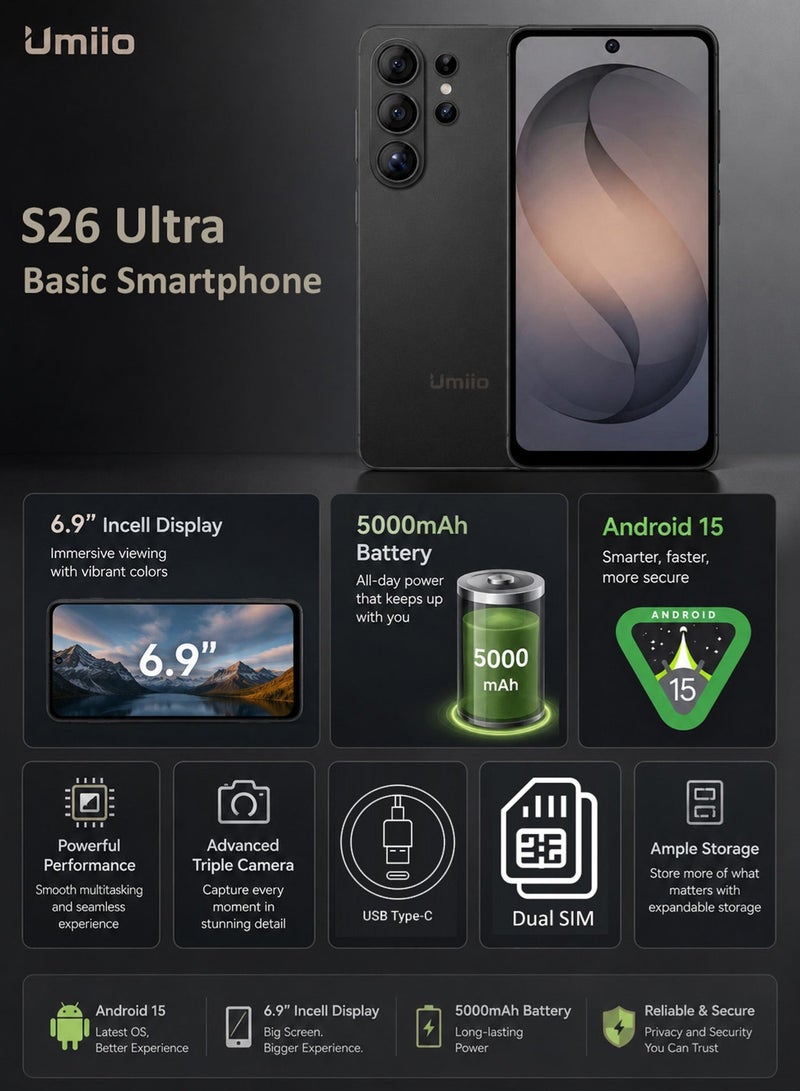 Umiio S26 Ultra Smartphone 6.9" Incell Display Dual SIM Android Cell Phone 18MP Camera 5000mAh Battery Dual Speaker Android Mobile Phone -Black - Image 3