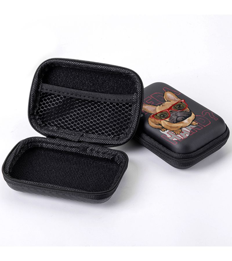 A Compact 4.3 Inch Black Storage Bag With A Hard Edge Featuring A French Bulldog Print Wearing Red Glasses Durable Protective Travel Pouch For Electronics Headphones Hard Drives And Cables Designed To Prevent Drops - Image 5