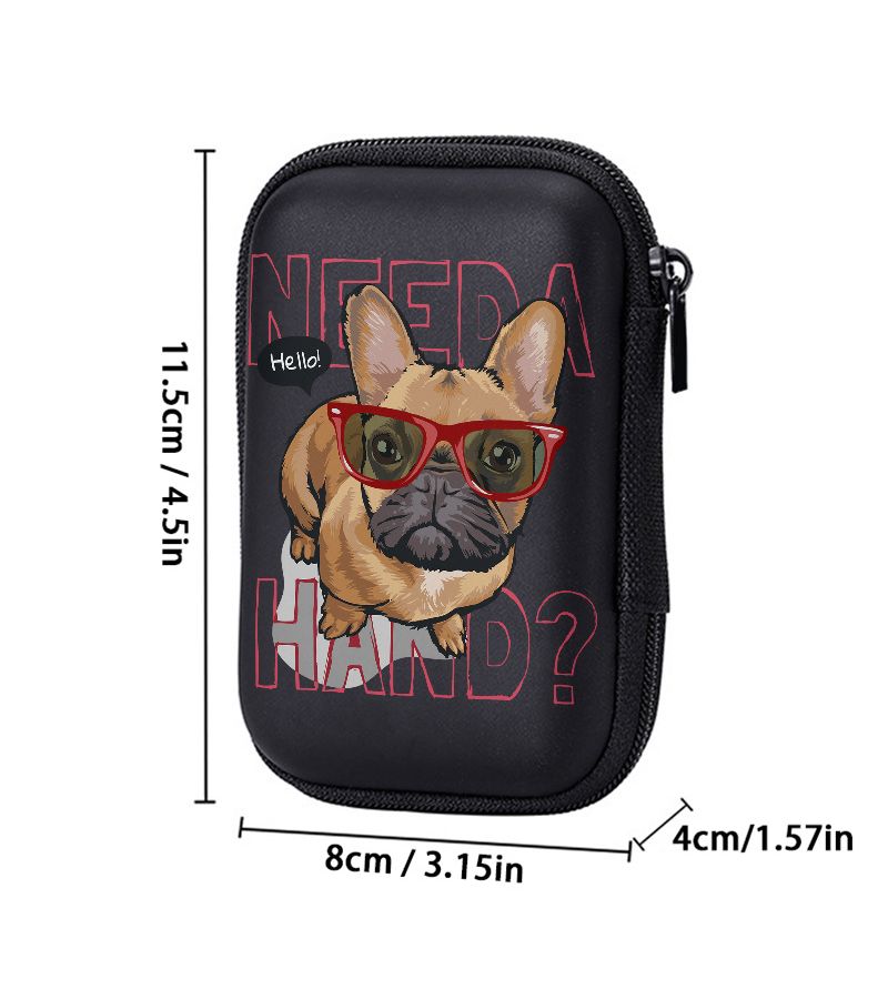 A Compact 4.3 Inch Black Storage Bag With A Hard Edge Featuring A French Bulldog Print Wearing Red Glasses Durable Protective Travel Pouch For Electronics Headphones Hard Drives And Cables Designed To Prevent Drops - Image 4