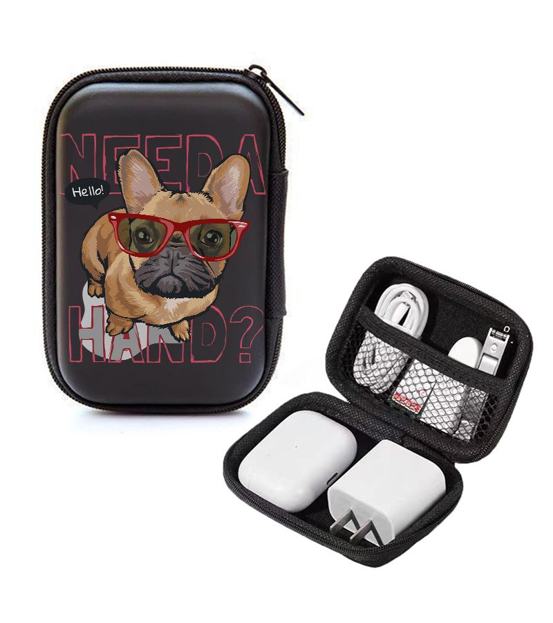 A Compact 4.3 Inch Black Storage Bag With A Hard Edge Featuring A French Bulldog Print Wearing Red Glasses Durable Protective Travel Pouch For Electronics Headphones Hard Drives And Cables Designed To Prevent Drops - Image 2