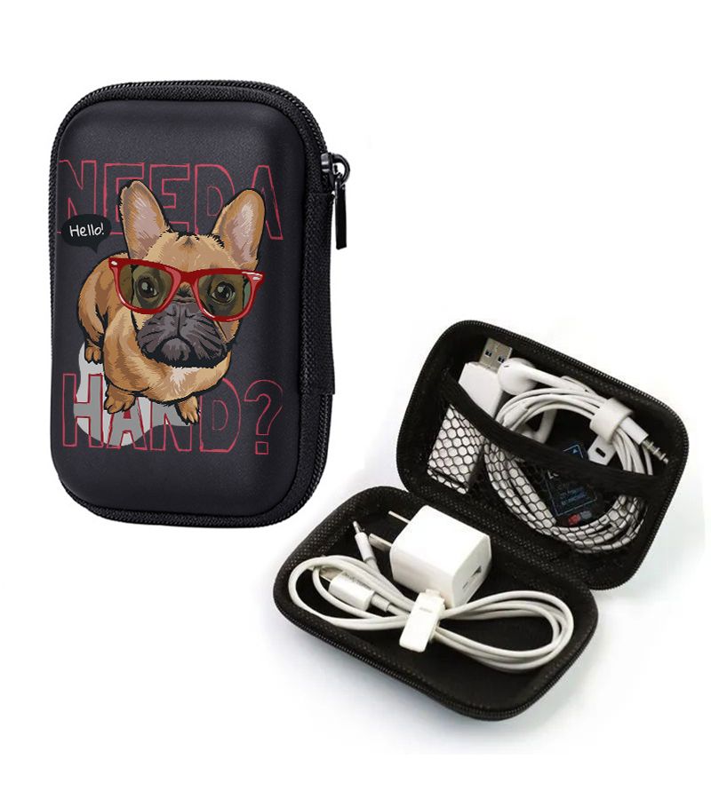 A Compact 4.3 Inch Black Storage Bag With A Hard Edge Featuring A French Bulldog Print Wearing Red Glasses Durable Protective Travel Pouch For Electronics Headphones Hard Drives And Cables Designed To Prevent Drops - Image 1