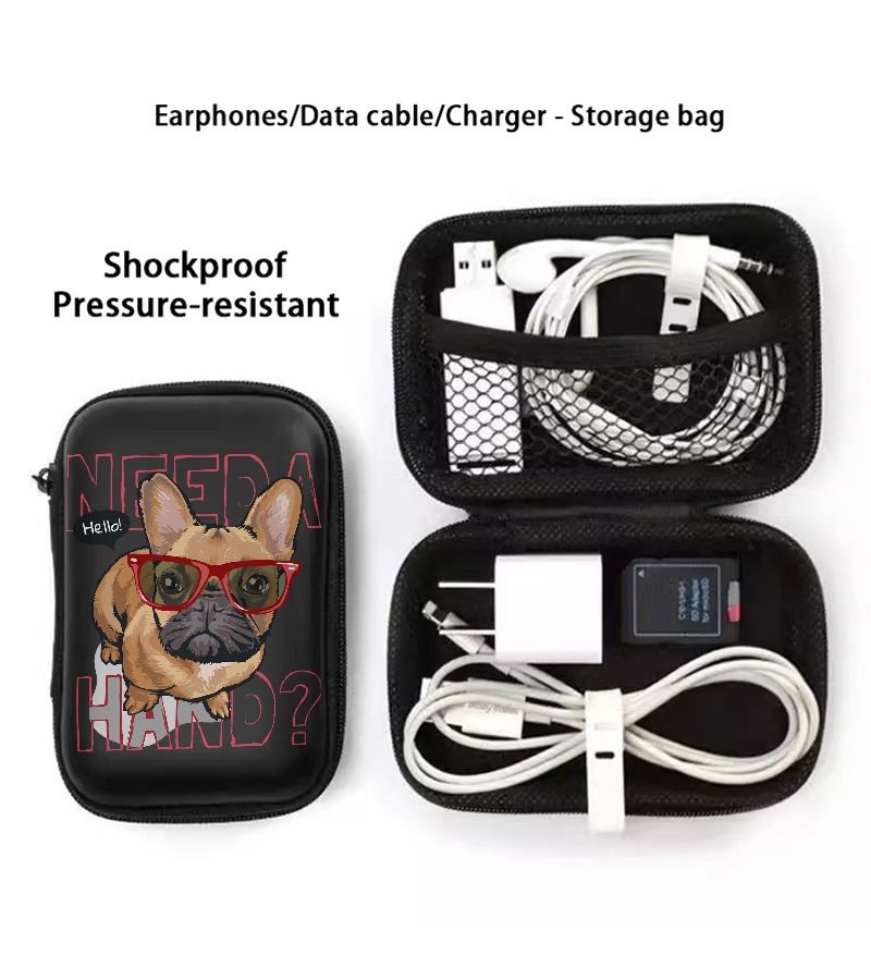 A Compact 4.3 Inch Black Storage Bag With A Hard Edge Featuring A French Bulldog Print Wearing Red Glasses Durable Protective Travel Pouch For Electronics Headphones Hard Drives And Cables Designed To Prevent Drops - Image 3