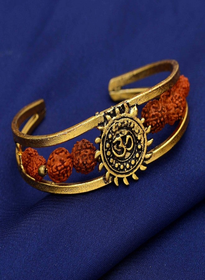 Morir Gold Plated Brass Om/Aum Sun Panchmukhi Rudraksh Adjustable Size Open Bangle Cuff Kada Bracelet Jewelry Foe Men and Boy's - Image 2