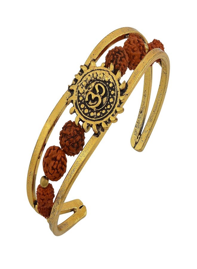 Morir Gold Plated Brass Om/Aum Sun Panchmukhi Rudraksh Adjustable Size Open Bangle Cuff Kada Bracelet Jewelry Foe Men and Boy's - Image 1