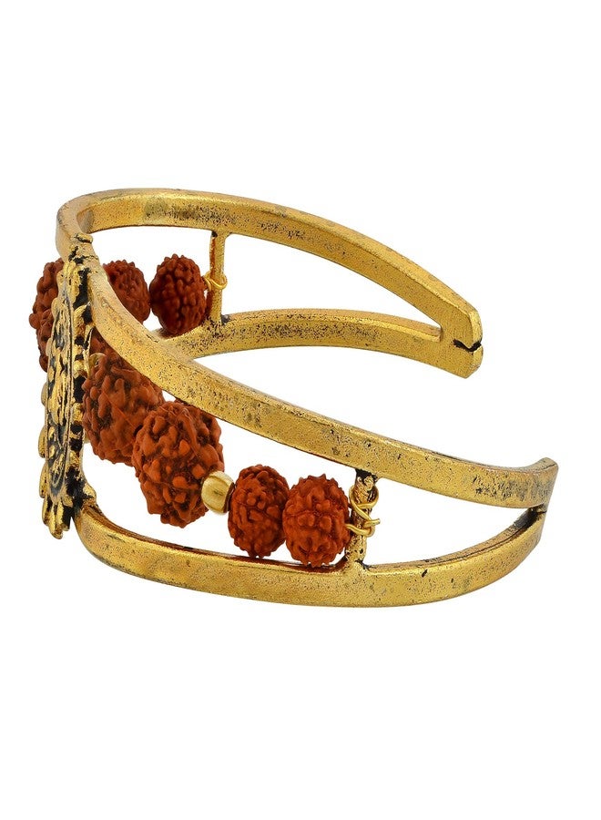 Morir Gold Plated Brass Om/Aum Sun Panchmukhi Rudraksh Adjustable Size Open Bangle Cuff Kada Bracelet Jewelry Foe Men and Boy's - Image 3