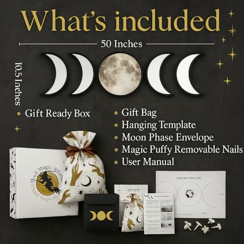Black Magic Witch مرآة القمر السحري الأسود - إعلان الحب الزخرفي القوطي والبوهو - مجموعة مرايا مراحل القمر مع انعكاس كريستالي واضح - ديكور مرآة القمر لجدار غرفة المعيشة وغرفة النوم وحضانة الأطفال - Image 5