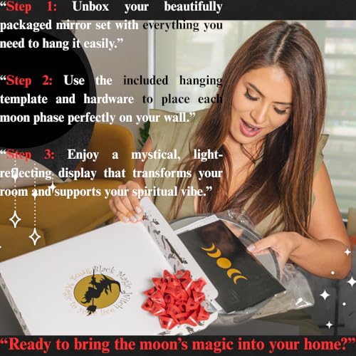 Black Magic Witch مرآة القمر السحري الأسود - إعلان الحب الزخرفي القوطي والبوهو - مجموعة مرايا مراحل القمر مع انعكاس كريستالي واضح - ديكور مرآة القمر لجدار غرفة المعيشة وغرفة النوم وحضانة الأطفال - Image 4