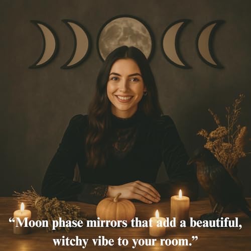 Black Magic Witch مرآة القمر السحري الأسود - إعلان الحب الزخرفي القوطي والبوهو - مجموعة مرايا مراحل القمر مع انعكاس كريستالي واضح - ديكور مرآة القمر لجدار غرفة المعيشة وغرفة النوم وحضانة الأطفال - Image 2