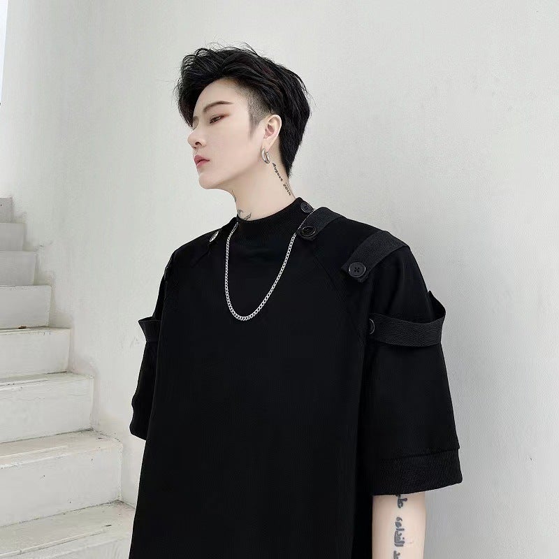 New Yamamoto yaosi dark niche design Barber mens fashion irregular T-shirt hair stylist plus size short sleeve # D006 short sleeve black