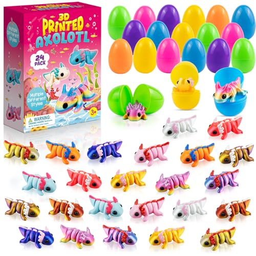 Zesua Easter Basket Stuffers Easter Basket Essentials 24 Pack Prefilled Easter Eggs Filled with 3D Printed Axolotl Toys Mini Animal Fidget Figures Easter Gifts for Toddlers Boys Girls - Image 1