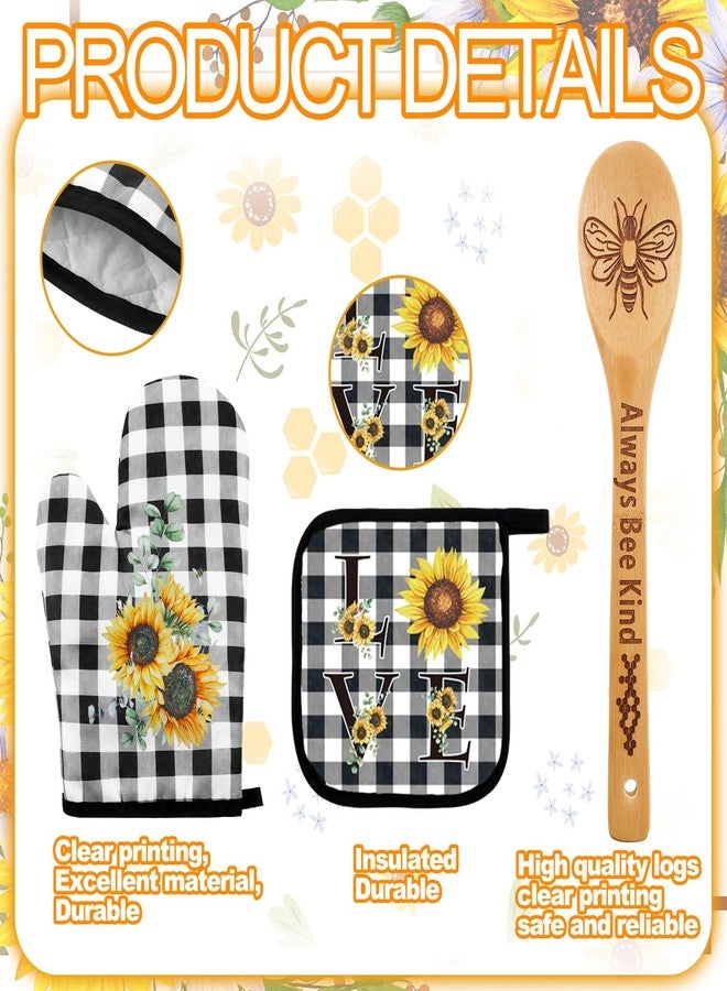 Bencailor 13 Pcs Bee Sunflower Farmhouse Kitchen Set Include 5 Cute Wooden Spoons 2 Kitchen Towels 2 Apron 2 Oven Mitts 2 Pot Holders for Housewarming Gifts(Black,Sunflower) - Image 4