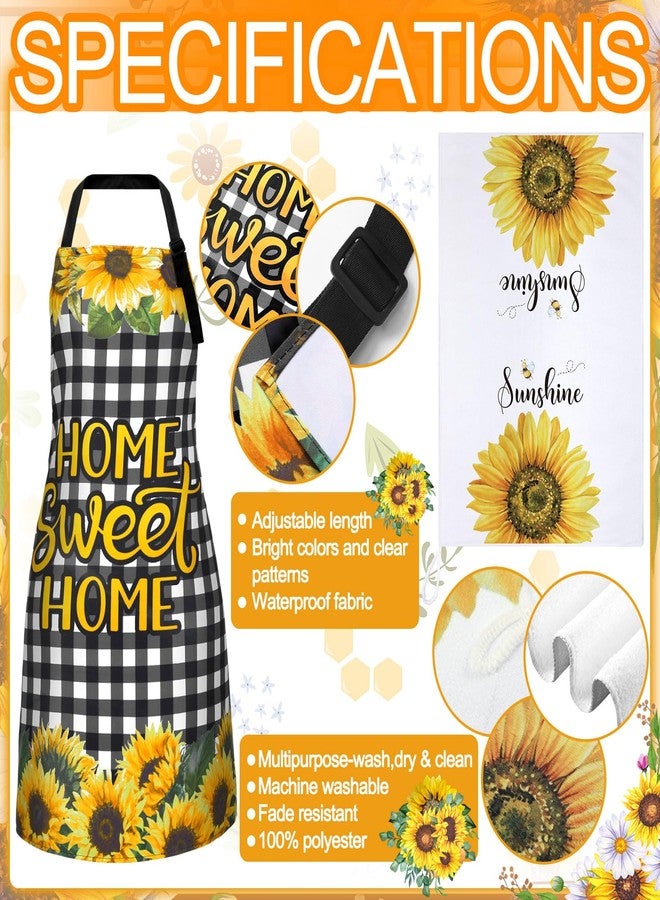 Bencailor 13 Pcs Bee Sunflower Farmhouse Kitchen Set Include 5 Cute Wooden Spoons 2 Kitchen Towels 2 Apron 2 Oven Mitts 2 Pot Holders for Housewarming Gifts(Black,Sunflower) - Image 5