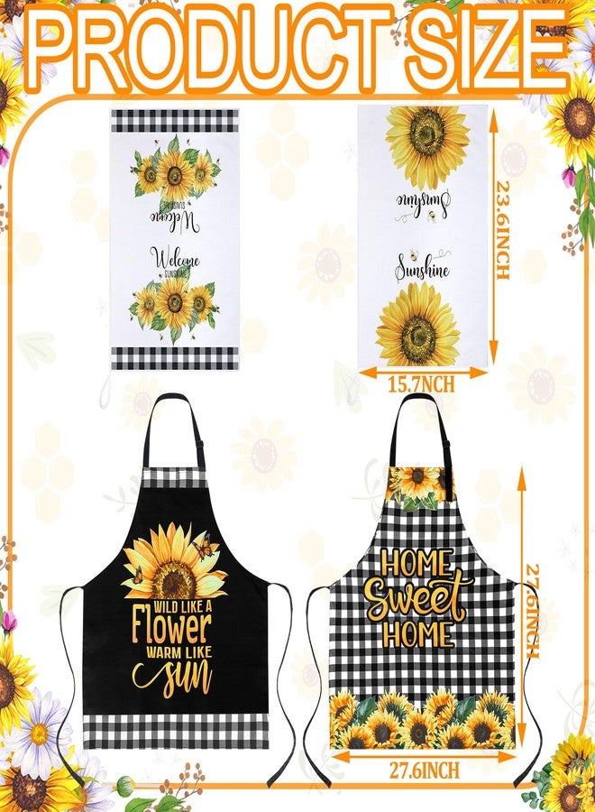 Bencailor 13 Pcs Bee Sunflower Farmhouse Kitchen Set Include 5 Cute Wooden Spoons 2 Kitchen Towels 2 Apron 2 Oven Mitts 2 Pot Holders for Housewarming Gifts(Black,Sunflower) - Image 3