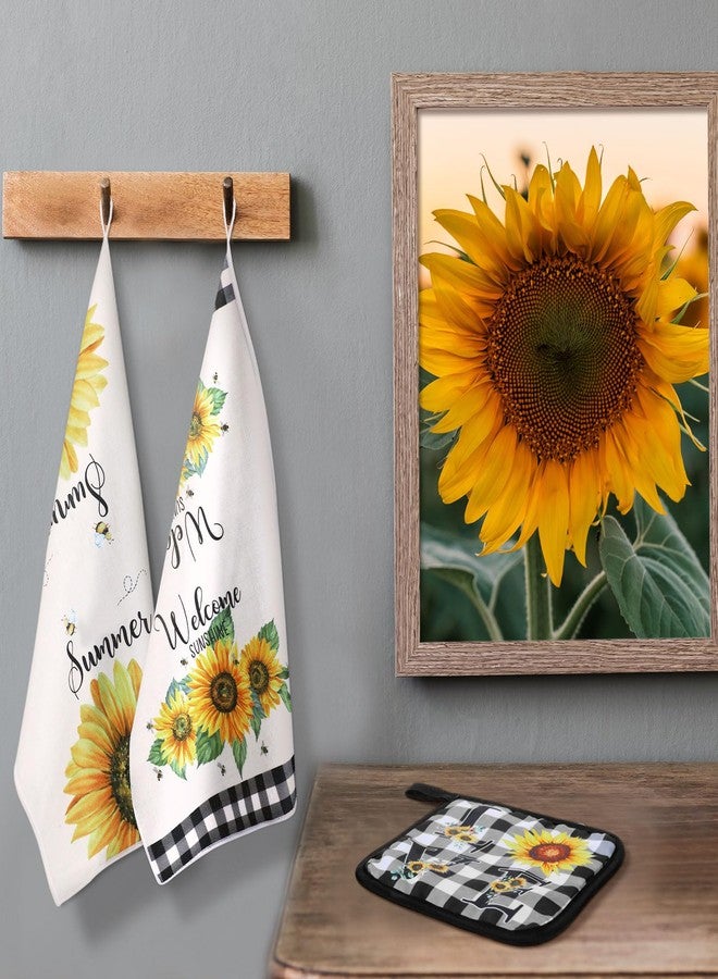 Bencailor 13 Pcs Bee Sunflower Farmhouse Kitchen Set Include 5 Cute Wooden Spoons 2 Kitchen Towels 2 Apron 2 Oven Mitts 2 Pot Holders for Housewarming Gifts(Black,Sunflower) - Image 2