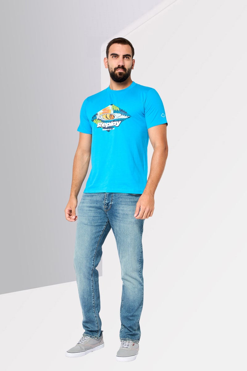 Replay Men Crew Neck Short Sleeves Graphic Print T-Shirt, Blue - Image 2