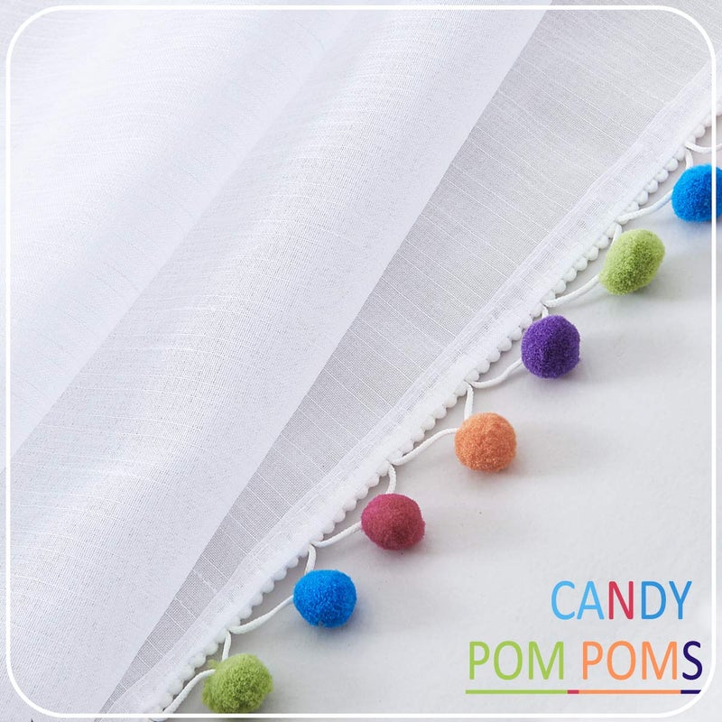 Treatmentex White Linen Sheer Curtains for Living Room 95"" Long Colorful Pompoms Kids Window Draperies for Nursery Room Baby Voiles 2 Panels - Image 4