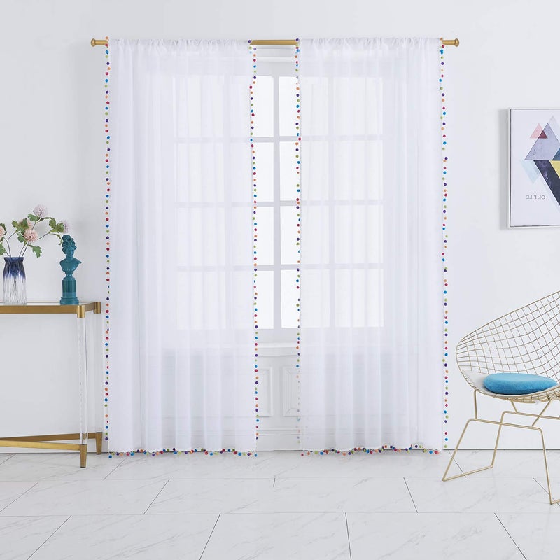Treatmentex White Linen Sheer Curtains for Living Room 95"" Long Colorful Pompoms Kids Window Draperies for Nursery Room Baby Voiles 2 Panels - Image 5
