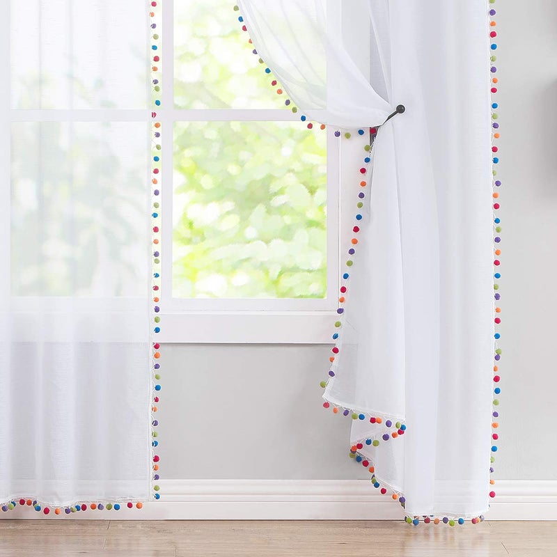 Treatmentex White Linen Sheer Curtains for Living Room 95"" Long Colorful Pompoms Kids Window Draperies for Nursery Room Baby Voiles 2 Panels - Image 3
