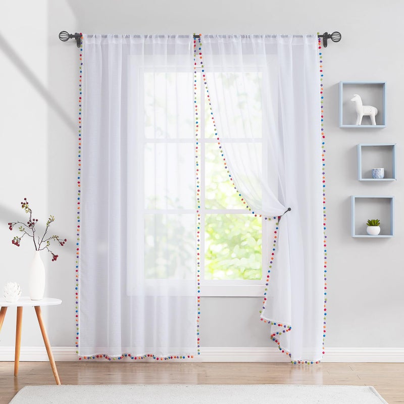 Treatmentex White Linen Sheer Curtains for Living Room 95"" Long Colorful Pompoms Kids Window Draperies for Nursery Room Baby Voiles 2 Panels - Image 2