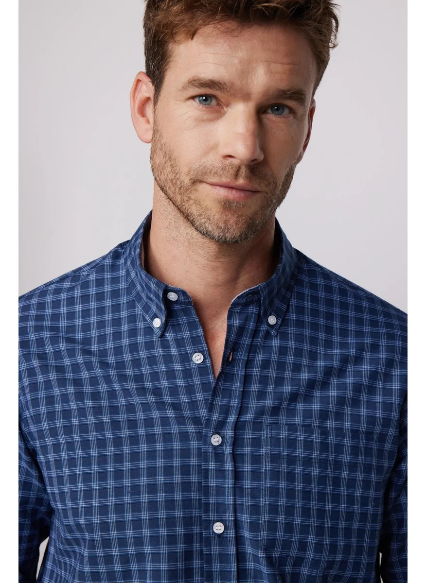 تودورس Classic Fit Button Collar Small Checked Cotton Navy Blue Men's Shirt