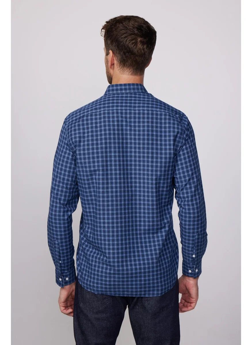 تودورس Classic Fit Button Collar Small Checked Cotton Navy Blue Men's Shirt