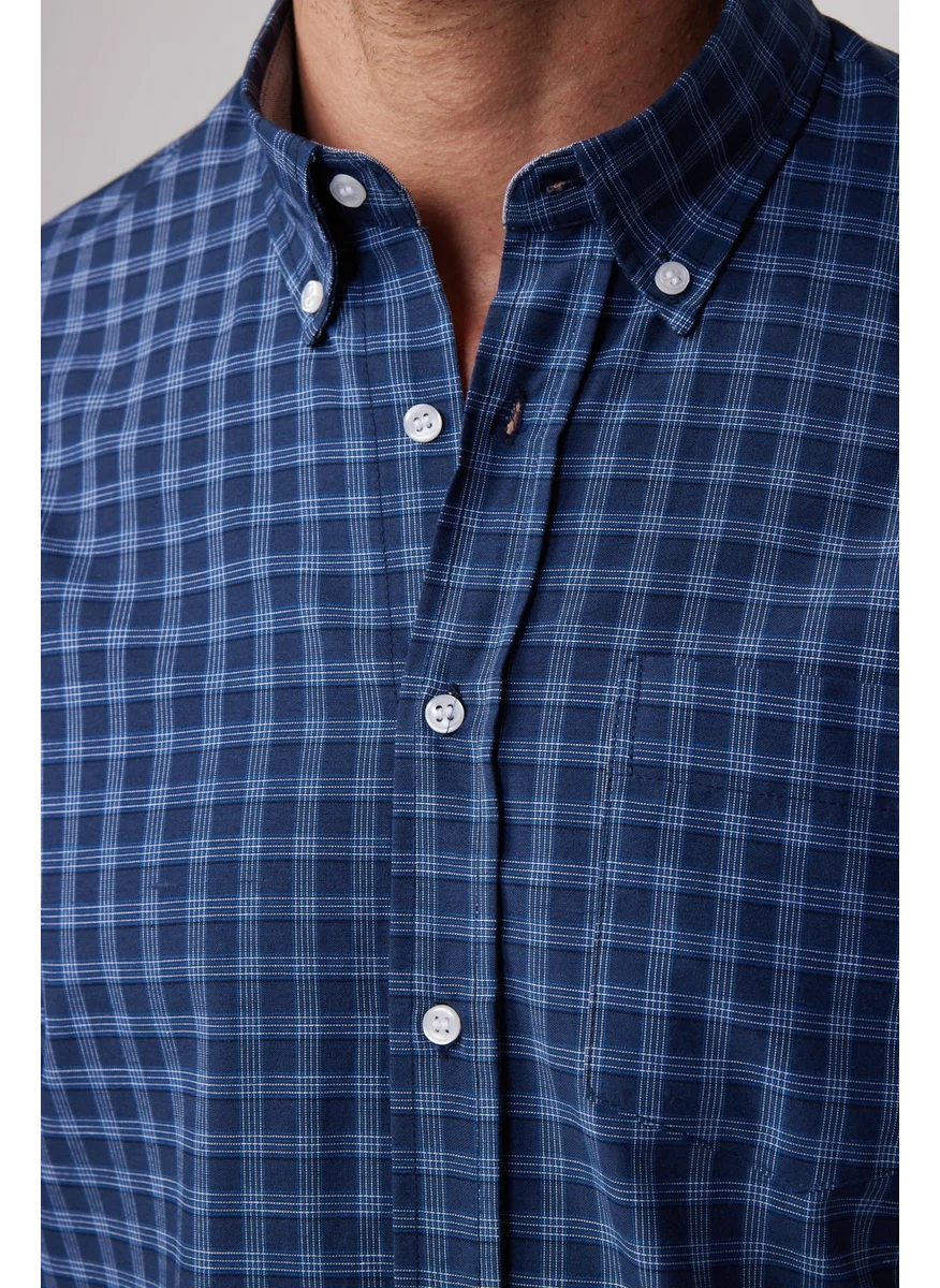 تودورس Classic Fit Button Collar Small Checked Cotton Navy Blue Men's Shirt