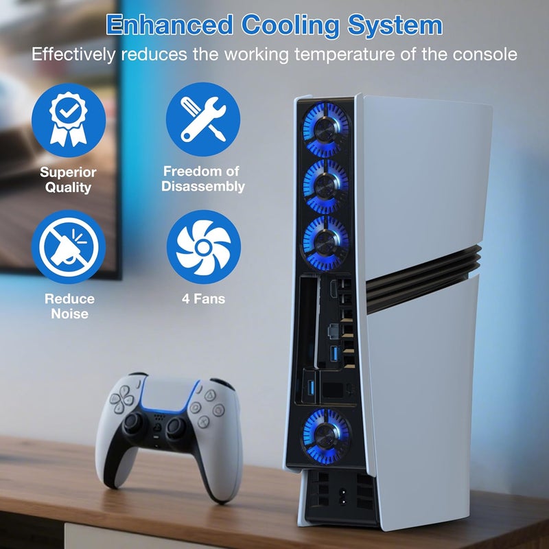 JUSPRO Classic design alternatives Cooling Fan for PS5 Pro, Quiet Enhanced 4 Cooler Fan with Adjustable Speed, Auto Power On/Off, Cooling Accessories with USB 3.0 Port and LED Light for PlayStation 5 Pro Home & professional compatible - Image 2