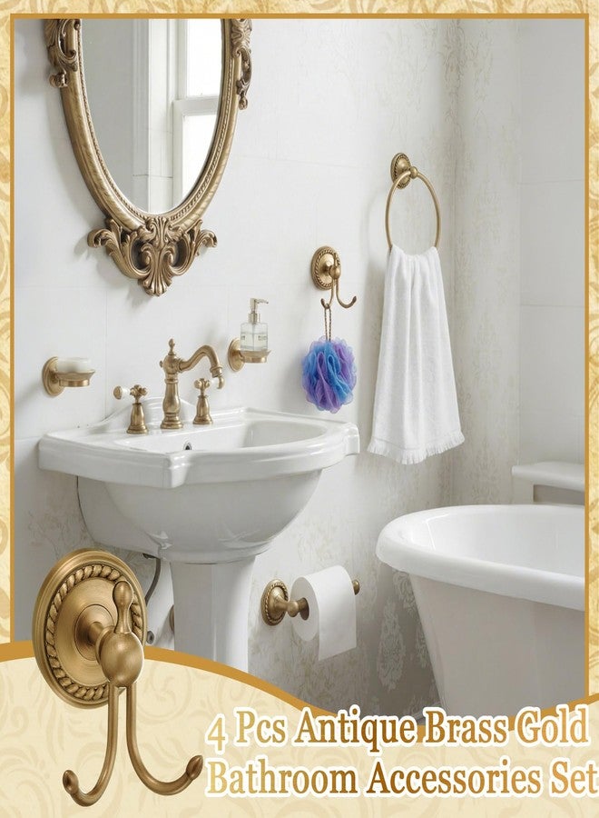 Otoolling 4 Pcs Antique Brass Gold Bathroom Accessories Set, Towel Ring, Toilet Paper Holder & Robe Hooks, Wall Mounted Brushed Solid Brass with Vintage Finish for Bathroom Decor Hardware Fixture Set - Image 5