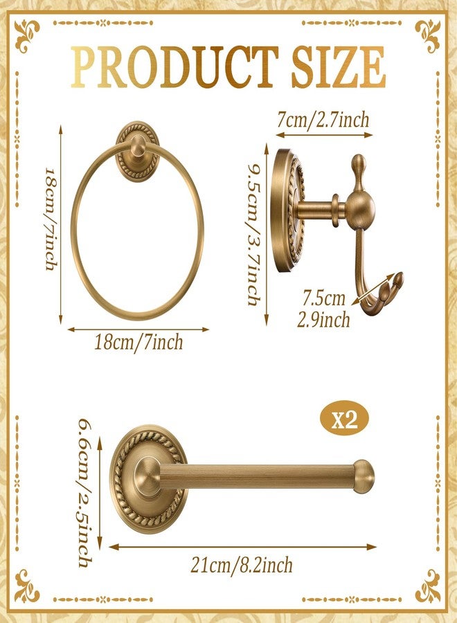 Otoolling 4 Pcs Antique Brass Gold Bathroom Accessories Set, Towel Ring, Toilet Paper Holder & Robe Hooks, Wall Mounted Brushed Solid Brass with Vintage Finish for Bathroom Decor Hardware Fixture Set - Image 2
