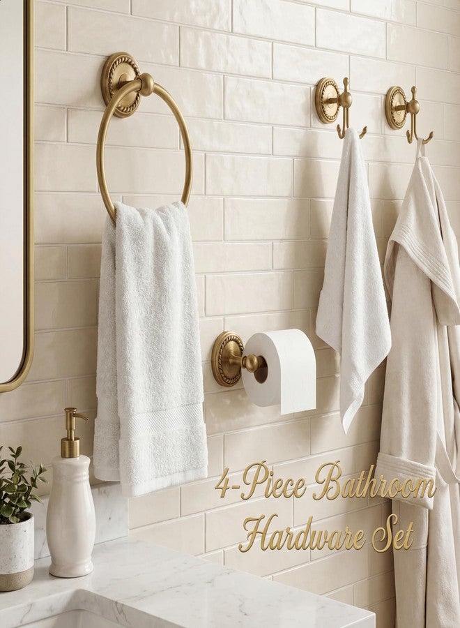 Otoolling 4 Pcs Antique Brass Gold Bathroom Accessories Set, Towel Ring, Toilet Paper Holder & Robe Hooks, Wall Mounted Brushed Solid Brass with Vintage Finish for Bathroom Decor Hardware Fixture Set - Image 3
