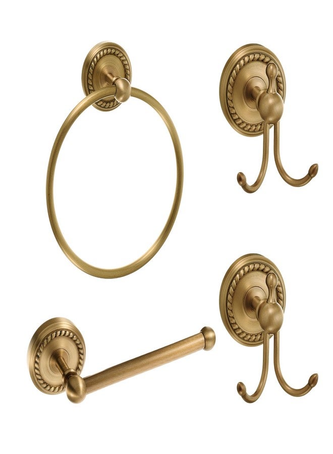 Otoolling 4 Pcs Antique Brass Gold Bathroom Accessories Set, Towel Ring, Toilet Paper Holder & Robe Hooks, Wall Mounted Brushed Solid Brass with Vintage Finish for Bathroom Decor Hardware Fixture Set - Image 1