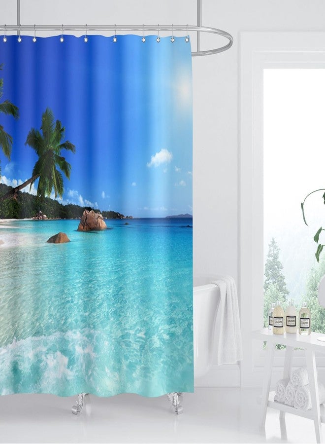 ZXMBF Ocean Beach Shower Curtain Blue Sky Sea Tropical Palm Trees Seaside Landscape Bath Curtain Waterproof Fabric Bathroom Décor 72x72 Inch Plastic Hooks 12PCS Ocean Green - Image 2