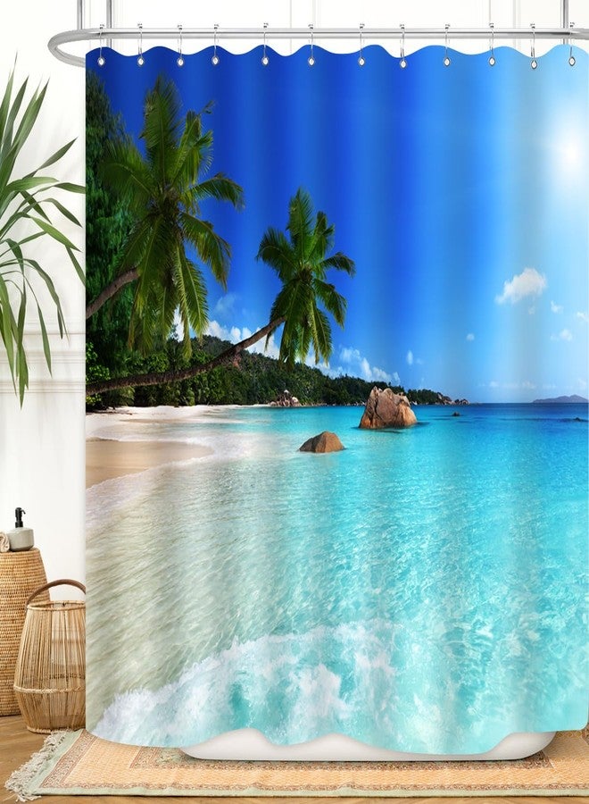 ZXMBF Ocean Beach Shower Curtain Blue Sky Sea Tropical Palm Trees Seaside Landscape Bath Curtain Waterproof Fabric Bathroom Décor 72x72 Inch Plastic Hooks 12PCS Ocean Green - Image 1