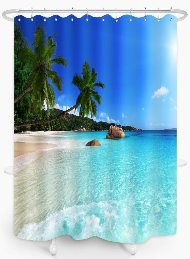 ZXMBF Ocean Beach Shower Curtain Blue Sky Sea Tropical Palm Trees Seaside Landscape Bath Curtain Waterproof Fabric Bathroom Décor 72x72 Inch Plastic Hooks 12PCS Ocean Green - Image 3