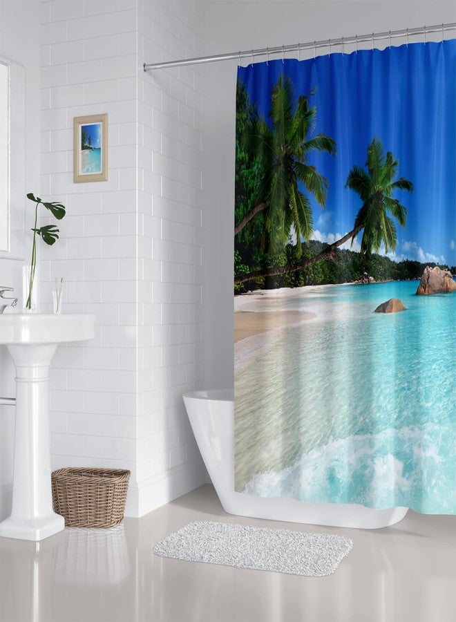ZXMBF Ocean Beach Shower Curtain Blue Sky Sea Tropical Palm Trees Seaside Landscape Bath Curtain Waterproof Fabric Bathroom Décor 72x72 Inch Plastic Hooks 12PCS Ocean Green - Image 5