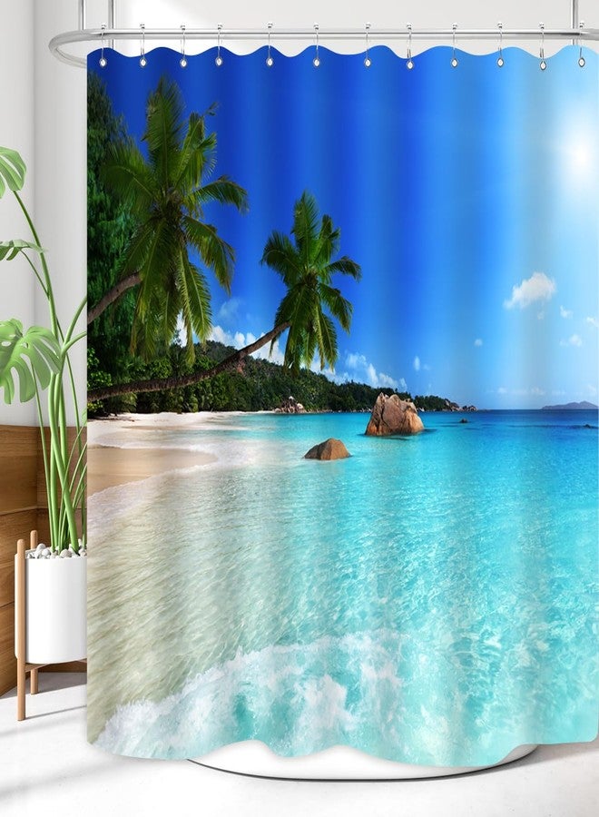 ZXMBF Ocean Beach Shower Curtain Blue Sky Sea Tropical Palm Trees Seaside Landscape Bath Curtain Waterproof Fabric Bathroom Décor 72x72 Inch Plastic Hooks 12PCS Ocean Green - Image 4