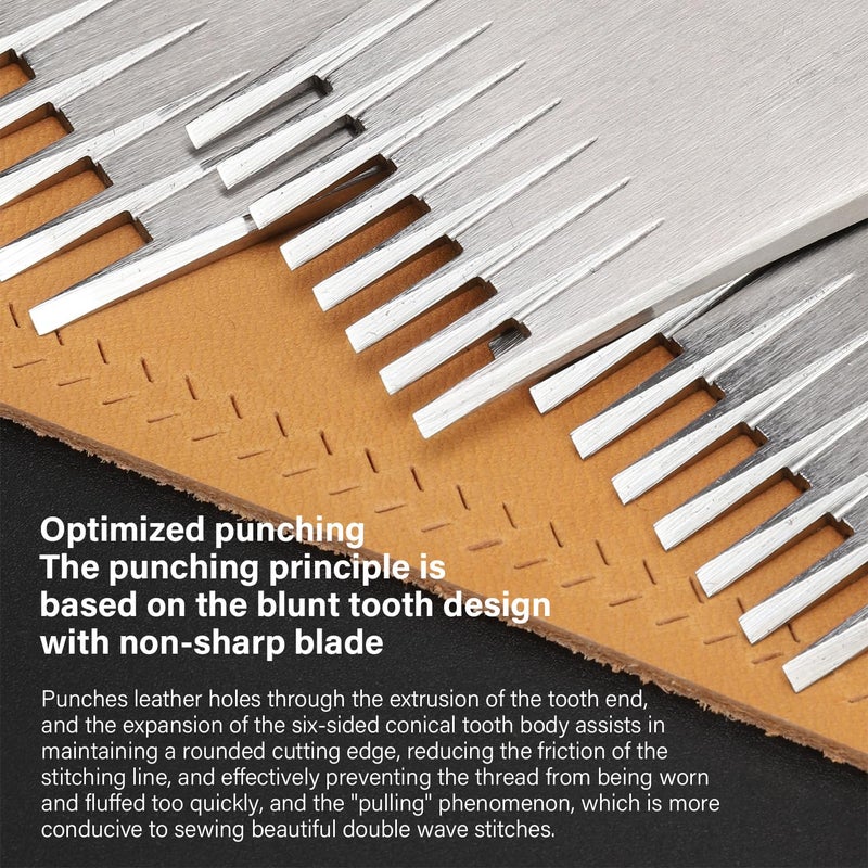 WUTA French Style Pricking Iron Leather Chisel All-Polished Leather Die-Steel Chisel Sharp Leather Punching Tool Kits (Reverse 3.38 mm 2 Teeth+8 Teeth) - Image 2