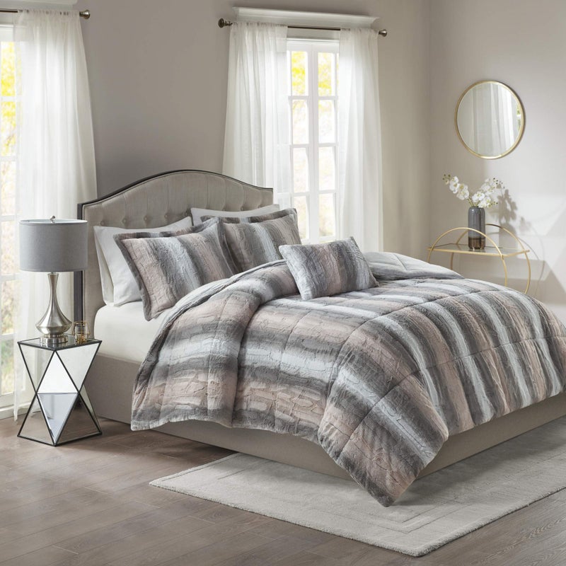 madison park Madison Park Zuri Soft Plush Comforter Set Faux Fur Animal Stripes Design Faux Mink On The Reverse Modern All Season Bedding Set with Matching Sham FullQueen BlushGrey 4 Piece 