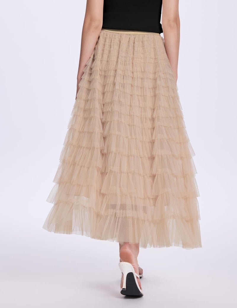PEHMEA Women's Tulle Maxi Skirt High Waist Elastic Tiered Ruffle A-Line Flowy Party Wedding Guest Skirts Comfortable Daily Wear(Champagne-M) - Image 4