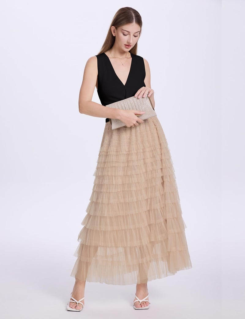 PEHMEA Women's Tulle Maxi Skirt High Waist Elastic Tiered Ruffle A-Line Flowy Party Wedding Guest Skirts Comfortable Daily Wear(Champagne-M) - Image 2