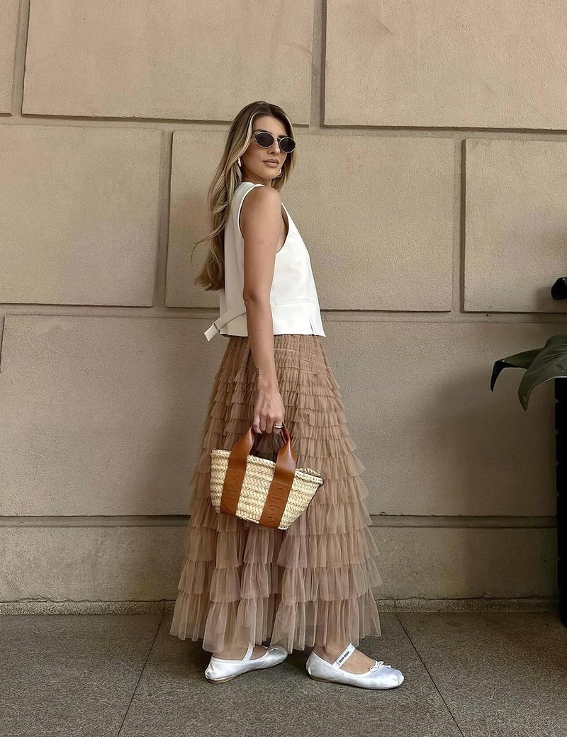 PEHMEA Women's Tulle Maxi Skirt High Waist Elastic Tiered Ruffle A-Line Flowy Party Wedding Guest Skirts Comfortable Daily Wear(Champagne-M) - Image 3